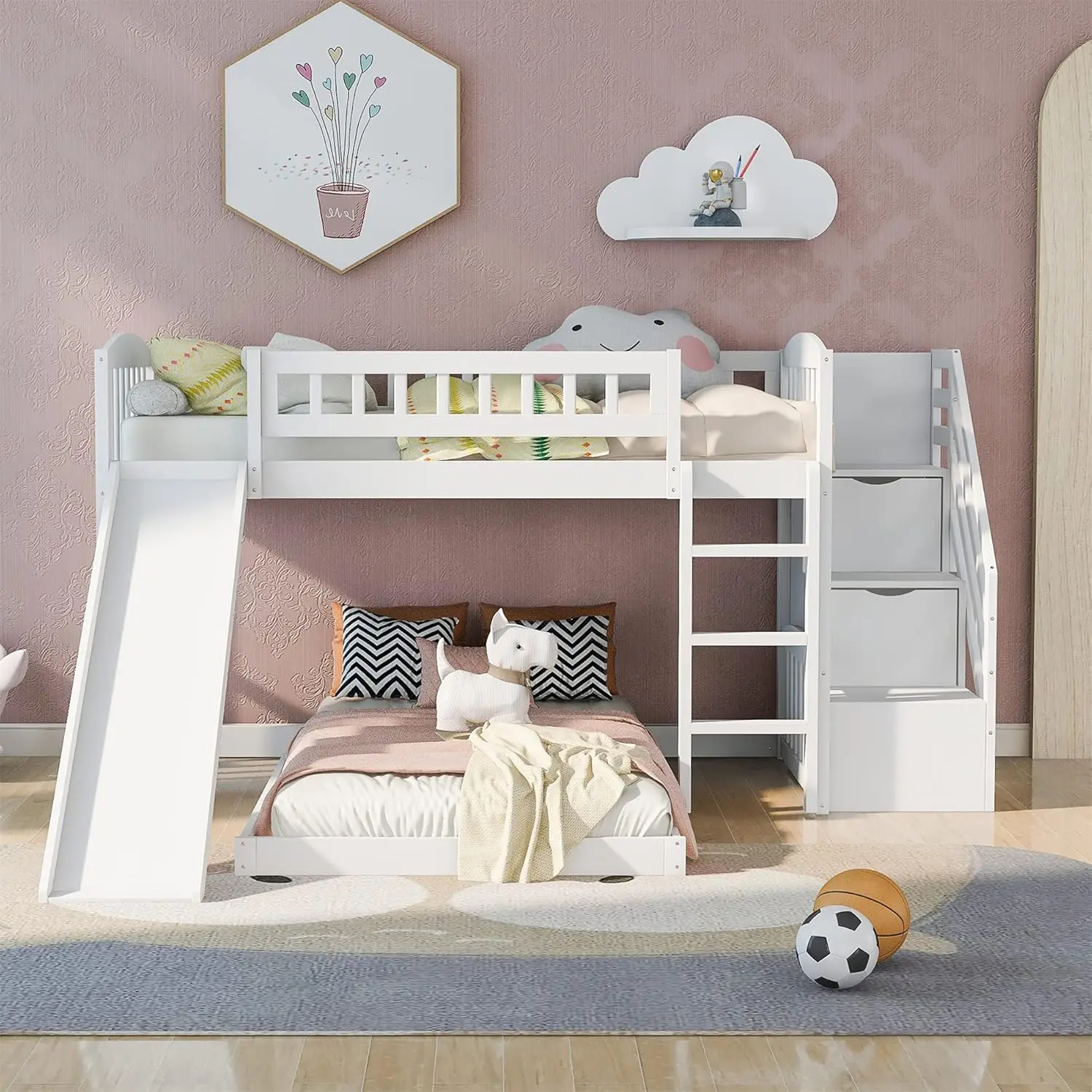 

Harper & Bright Designs Twin Over Twin Bunk Beds With Slide And Stair, Solid Wood Low Bunk Bed With Storage Drawers And