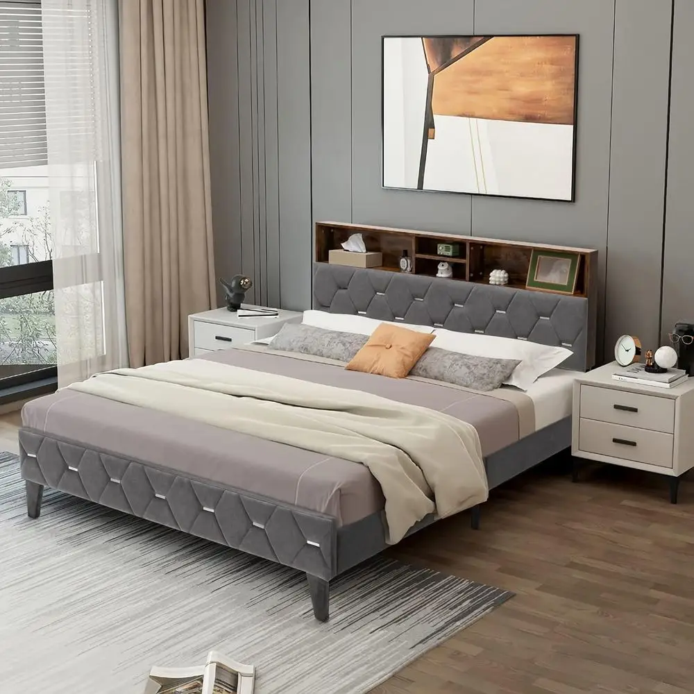

Queen Size Upholstered Platform Bed with 4 Storage Shelves, Hidden Compartment, and Slat Support