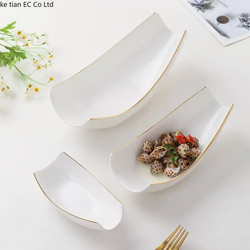 European Golden edged ceramic Shaped bowl Western food serving plate Fruit salad bowl dessert bowl hotel restaurant tableware