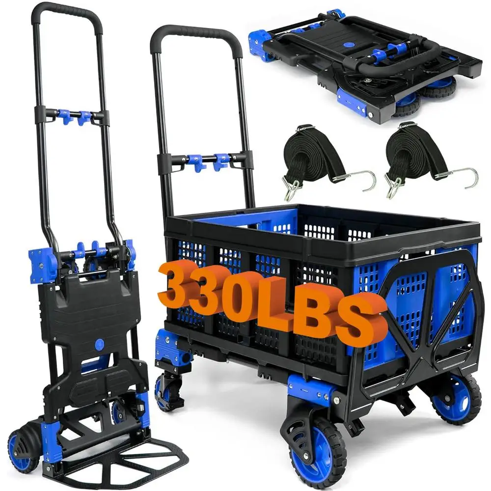 2-in-1 Heavy Duty Hand Truck & Folding Platform Cart 330LBS Capacity Double Bearing Wheels Elastic Cords Foldable Basket