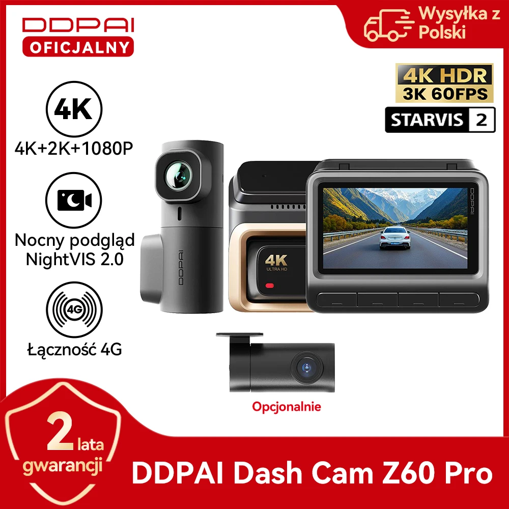 Kamera samochodowa DDPAI 4K Z60 Pro HDR z przednią i tylną kamerą, SONY STARVIS 2 IMX678, 4G LTE, WiFi, GPS, ADAS, superkondensator, sterowanie głosowe, rejestrator jazdy samochodem (DVR)