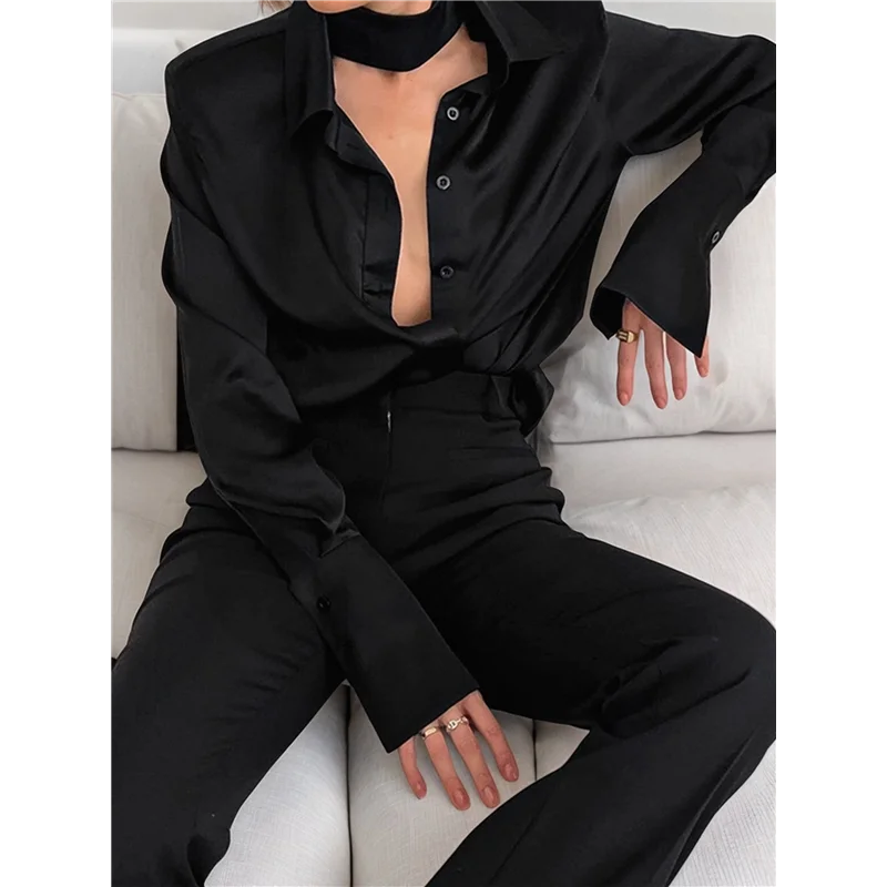 

Satin Silk Button Down Shirts For Women Dress Shirts Long Sleeve Blouses Womens Shirts Black S-A55G