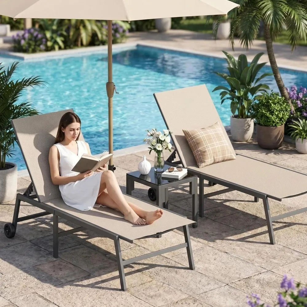 3 Piece Outdoor Lounge Chair Set 2 Adjustable Textilene Chaise Lounges with Wheels & Side Table 5-Position, Customized