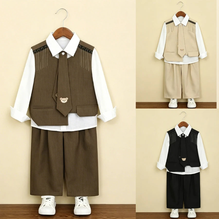 Conjunto de Traje Formal para Niños, Chaleco Verde Oliva con Detalles de Borlas, Camisa, Pantalones y Corbata, Atuendo de Caballero para Niños para Bodas, Fiestas y Sesiones de Fotos