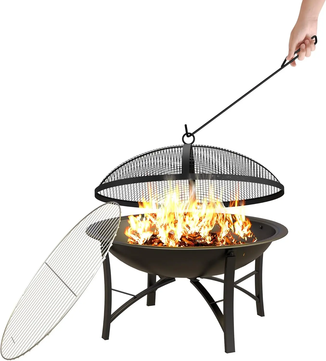 Fire Pit for Outside Wood Burning Firepit BBQ Grill Steel Fire Bowl with Spark Screen Cover, Log Grate, Poker for Camping Beach