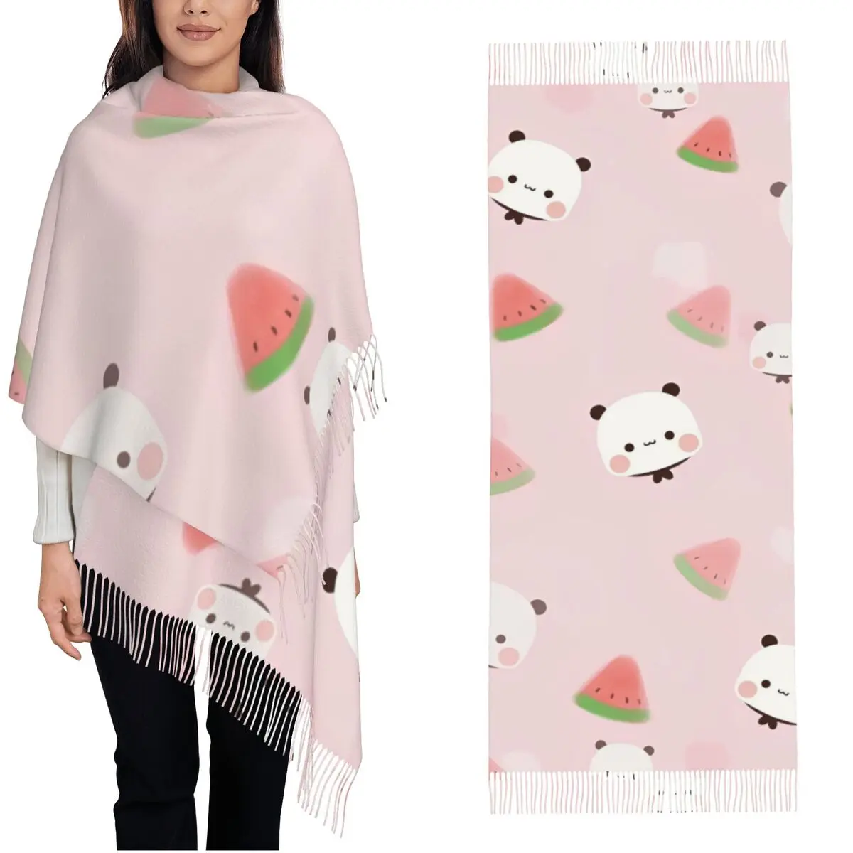 Bubu Dudu Panda Bears Cartoon Scarf for Womens Winter Warm Pashmina Shawl Wrap Watermelon Long Large Shawl Scarf Daily Wear