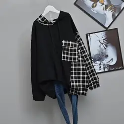 Spring Autumn New Plaid Patchwork Loose Oversized T-shirt Long Sleeve Hooded Plus Size Tops Tees Casual Fashion Women Clothing