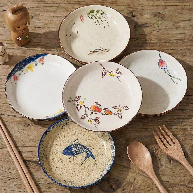 8 Inch Underglaze Ceramic Deep Plate, 1Pc Chinese Creative Dinner Dish, Microwave Dishwasher Safe for Vegetable Fish Fruit Snack