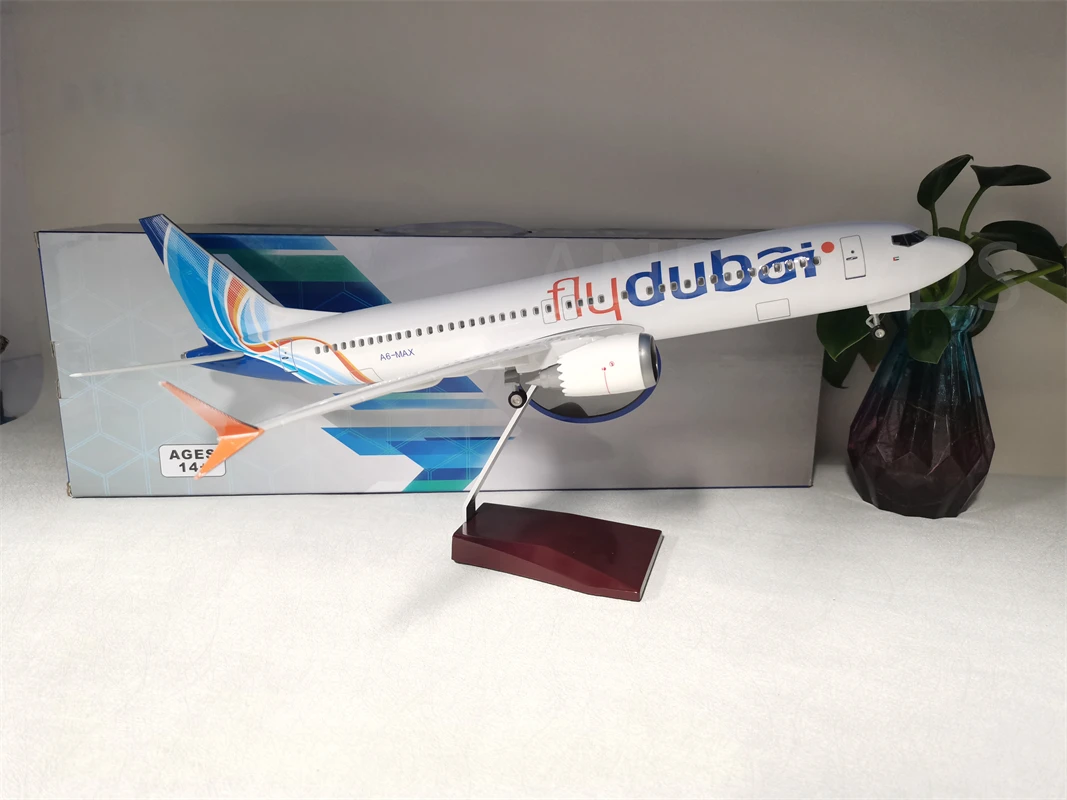 1/85 Scale 47CM Airplane B737 MAX Aircraft Fly Dubai Airline with LED Light(Touch or Sound Control) for Collection or Show