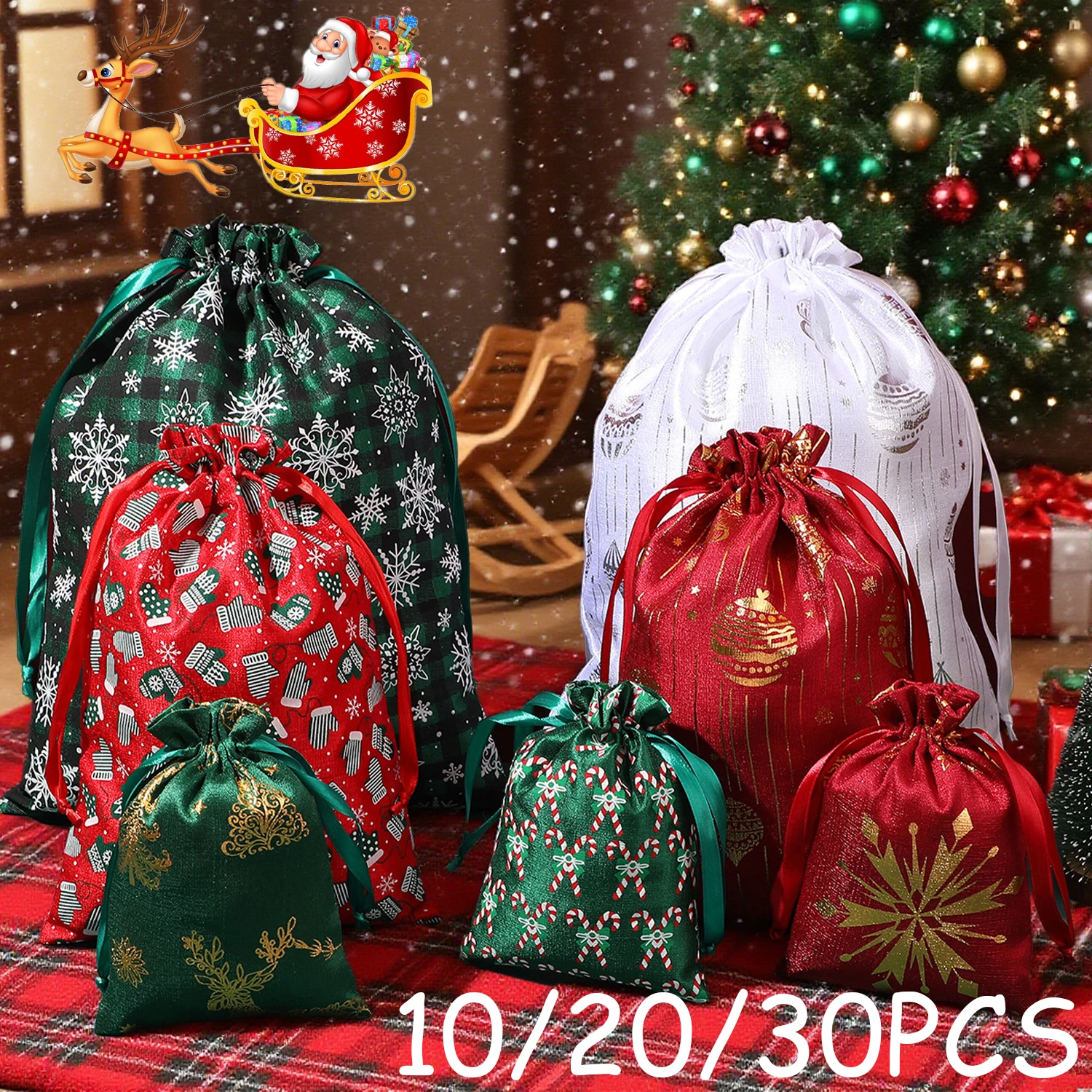 

10/20/30Pieces NEW Christmas Ribboned Gift Bags Printed Festival Gift Packaging Bags Santa Claus Candy Bags Party Decorations