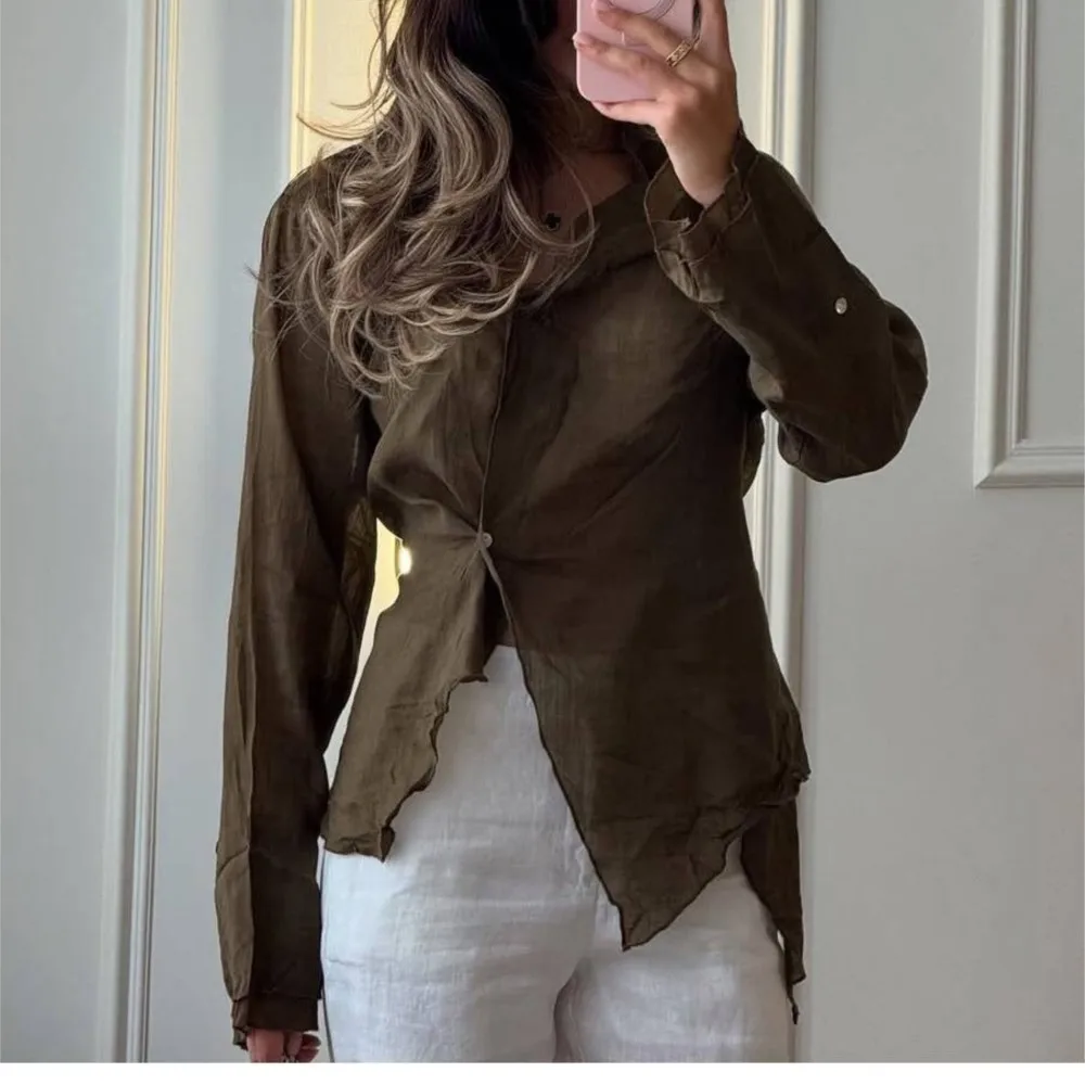 

Irregular Lace-up Solid Color Shirt Spring Summer New Women's Casual Long-sleeved Shirt Sexy V-neck Button Top Рубашка Женская