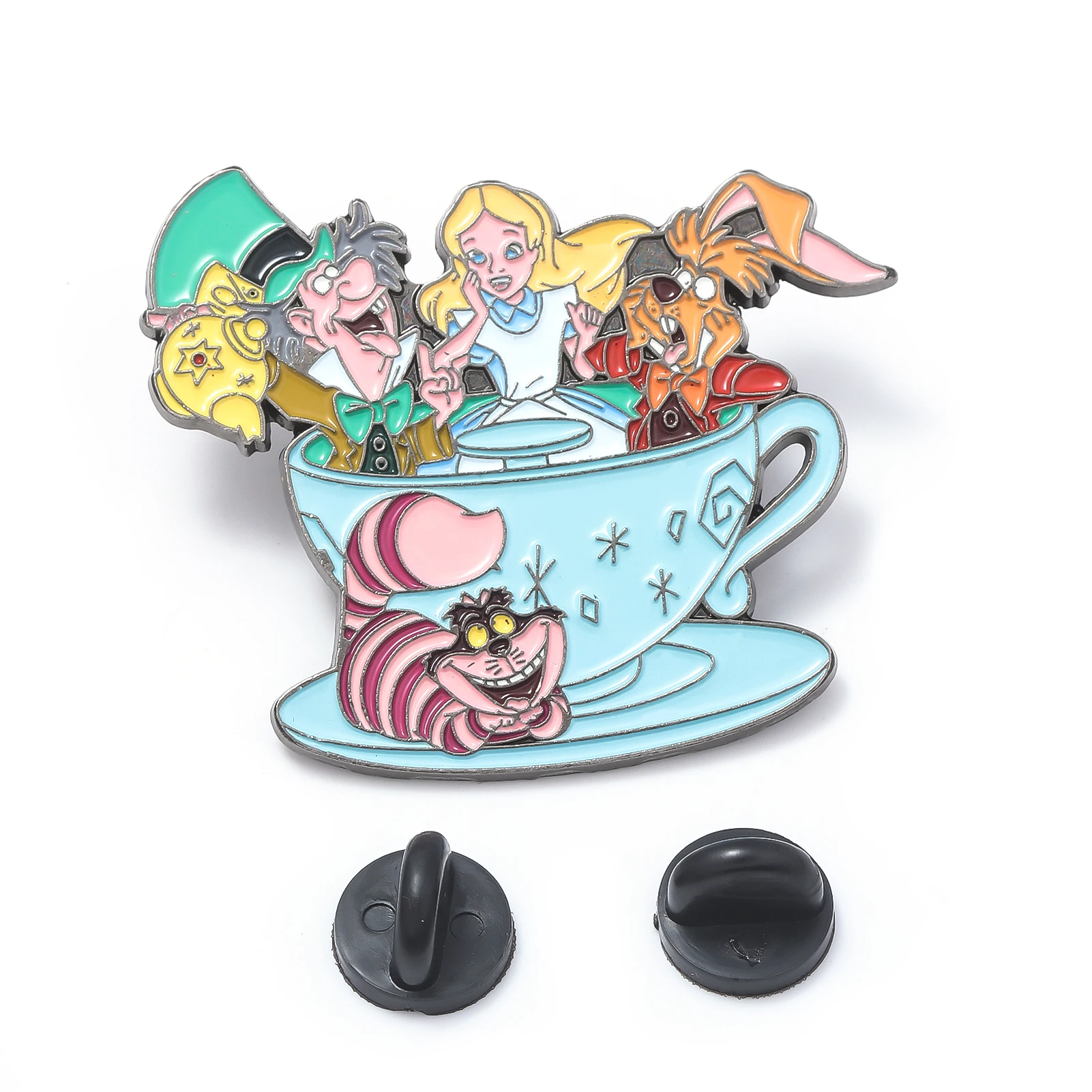 Dream Girl Teacup Brooch Cute Cartoon Mr. White Rabbit Mad Hatter Cheshire cat Animal Pin Emotion Badge for Women Men Gifts