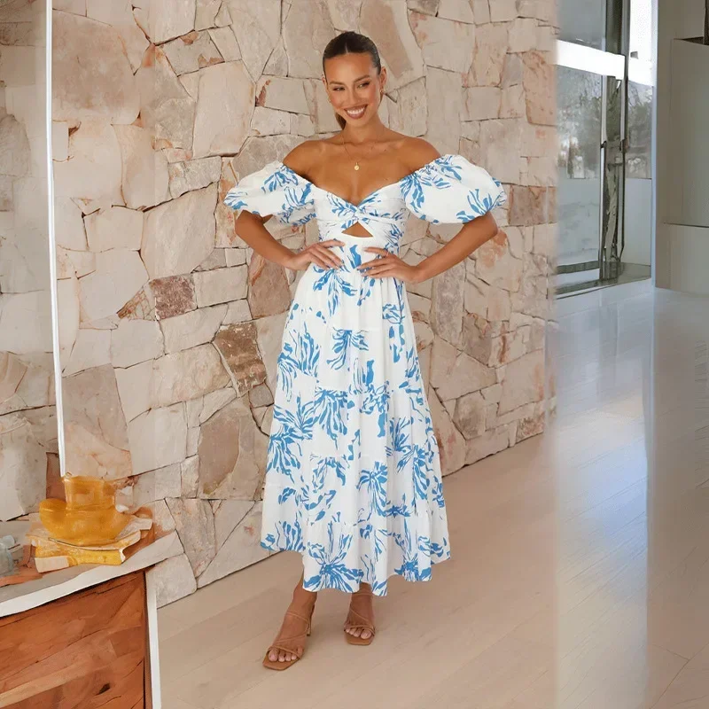 Holiday Vintage Maxi Long Beach Dress for Women 2024 Spring Summer Female Slim-fit Printed Hollow Puff Sleeve Dress Elegant
