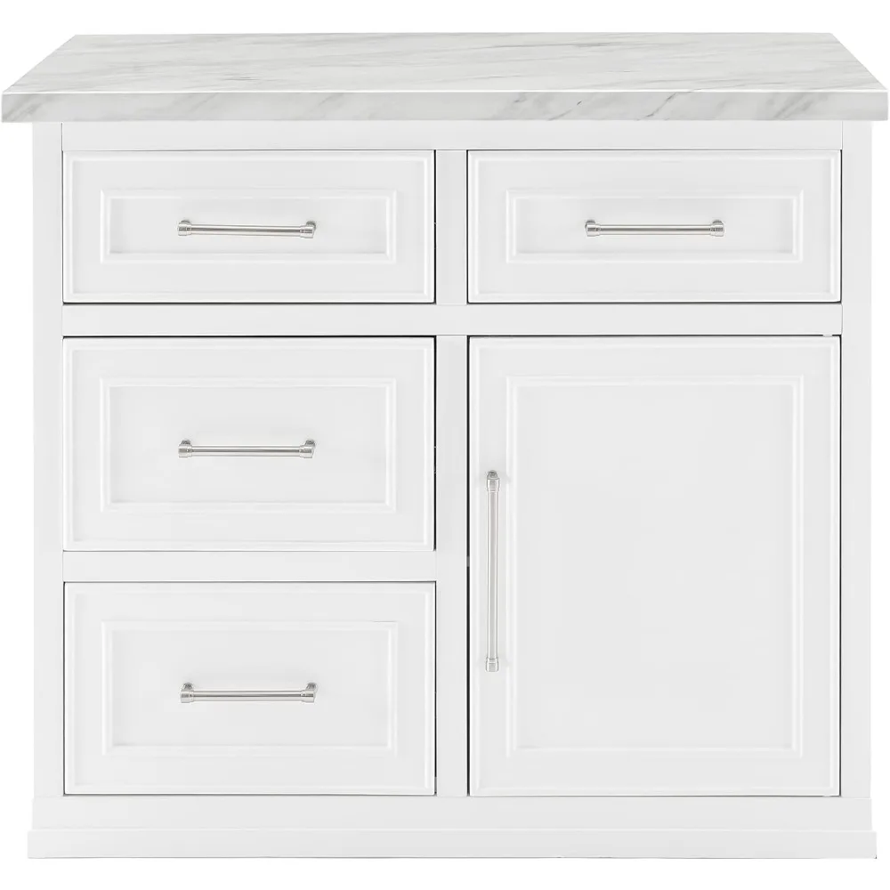 أداة تقطيع الأثاث من كروسلي، جزيرة مطبخ من الرخام الصناعي الأبيض مع مساحة تخزين وبار الإفطار، مناسبة لحامل الميكروويف #4