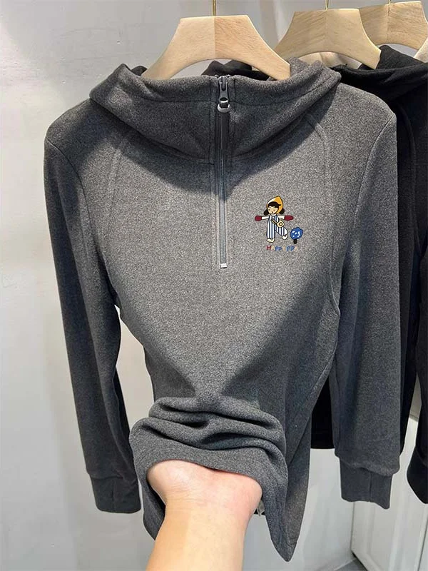 Autumn Winter Double-Sided Fce Design Cartoon Print f-Zip Hoodie Women's Base Layer Top Polyester Fiber Loose Fit Korea...