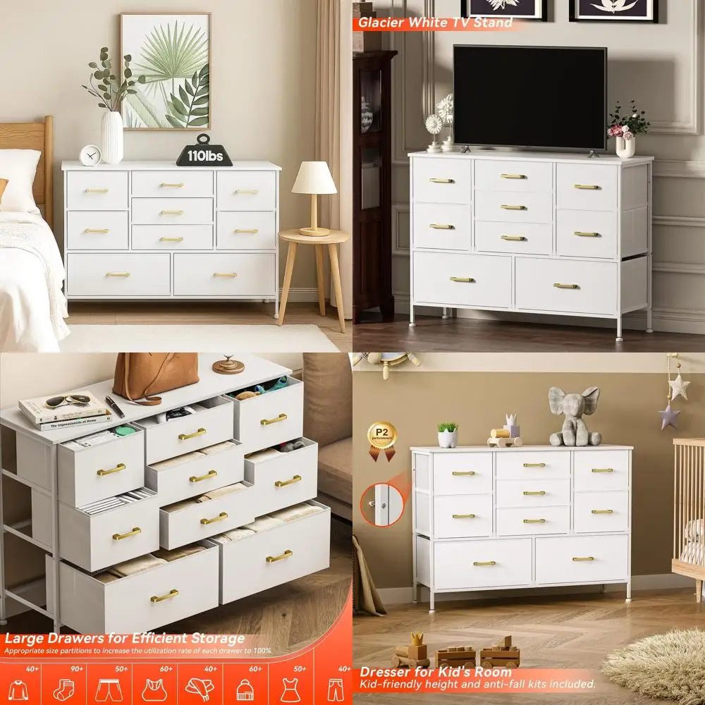 

Glacier White 50 TV Stand with 9-Drawer Chest for Bedroom Entertainment Center