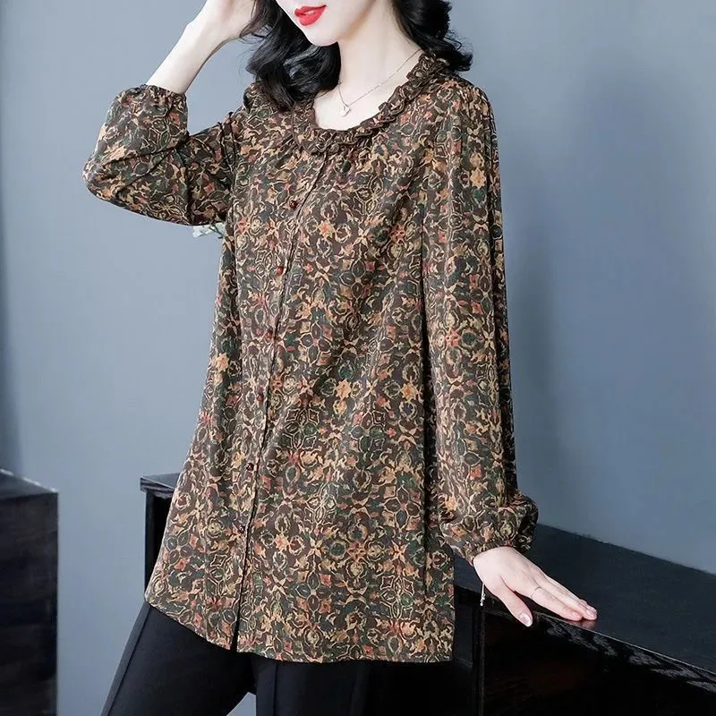 

Женская винтажная блузка с цветочным принтом, рюшами на воротнике, длинными рукавами, на пуговицах, свободного кроя, повседневная, в стиле бохо, из хлопка, для ежедневной носки