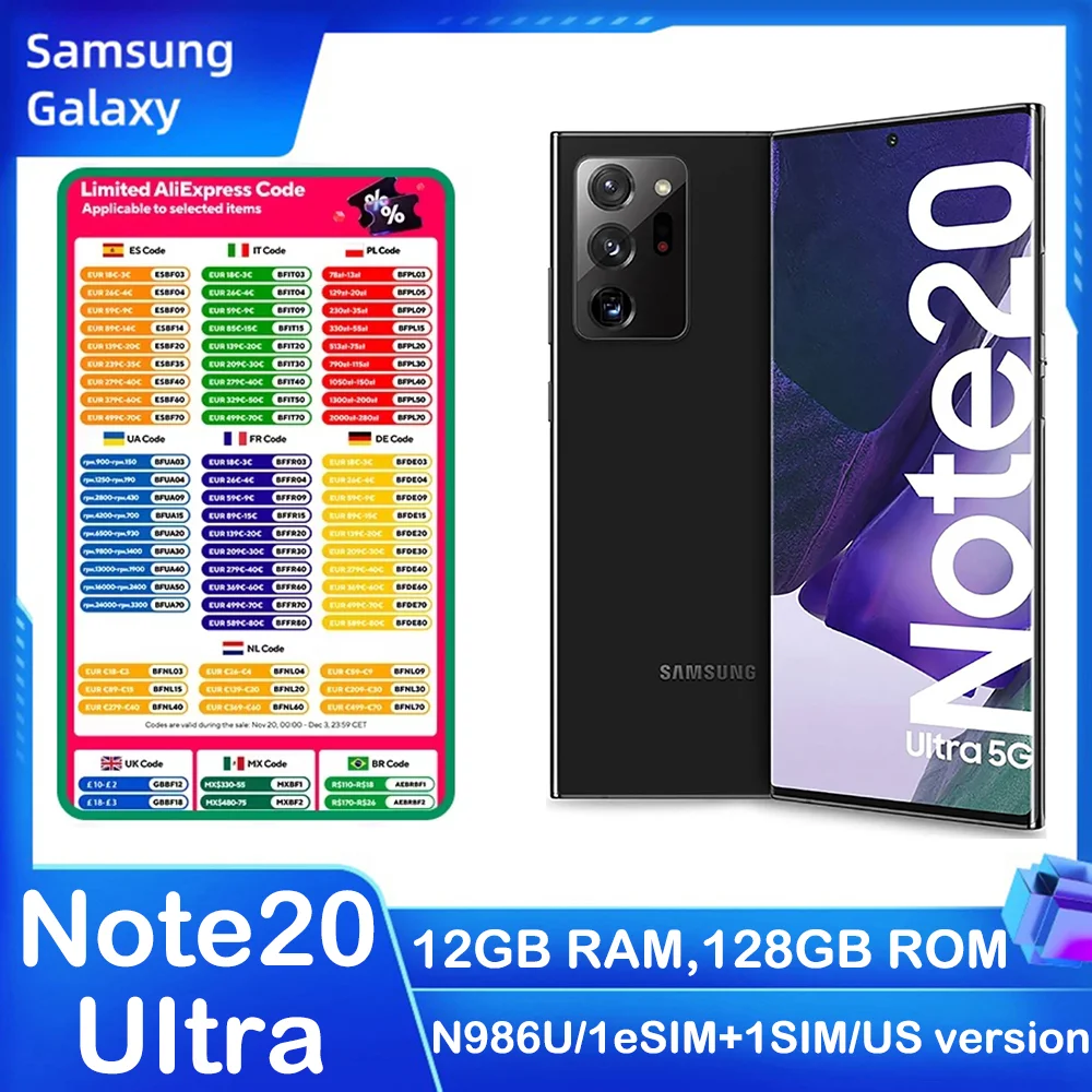 

Unlocks Samsung Galaxy Note20 Ultra 5G Smart Android Phone N986U 6.9-inch Eight Core 108MP 4500mAh US Version Note20U 12GB+128GB
