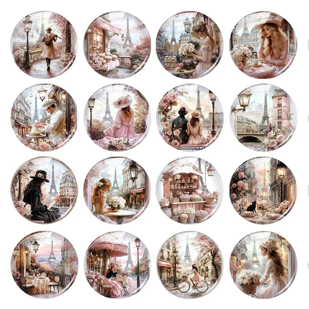 Random Mixed Round/Oval/Square Paris Eiffel Tower French Lady Photo Glass Cabochon Flatback Demo Cameo For Diy Jewelry Making