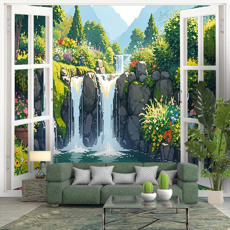 1PC Digital Print Tapestry Wall Hanging, Fake Window Autumn Forest Golden Leaves Art, Nature Scenery 3D Window Wall Art Decor - view 6
