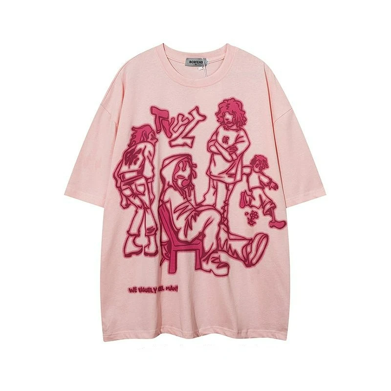 Y2K Hip Hop Figure Printed T Shirt Tide Play Printed Oversized Tops New Harajuku Fashion Casual All Match Loose Tops Streetwear