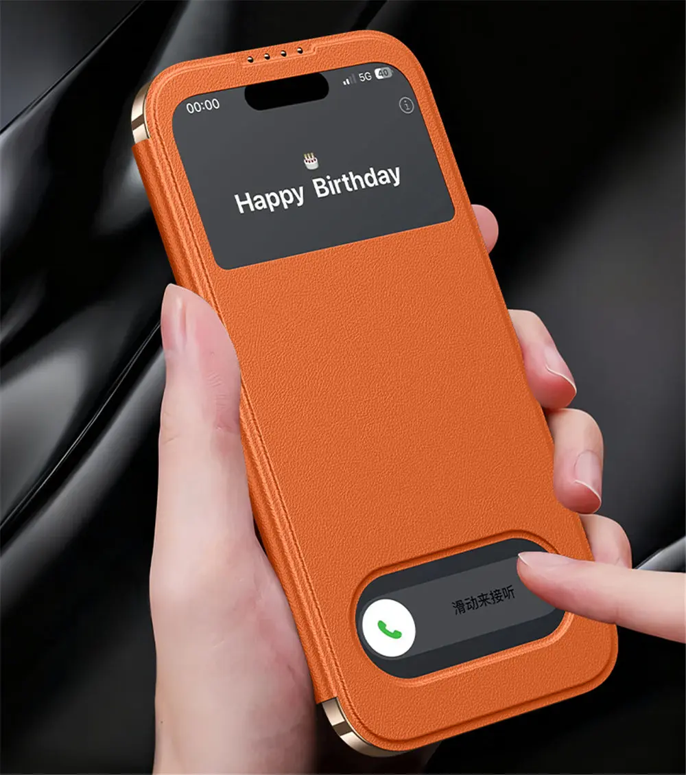 Genuine Cowhide Leather Magnetic Flip Case for iPhone 17 Pro Max 17 Smart Window View Cover