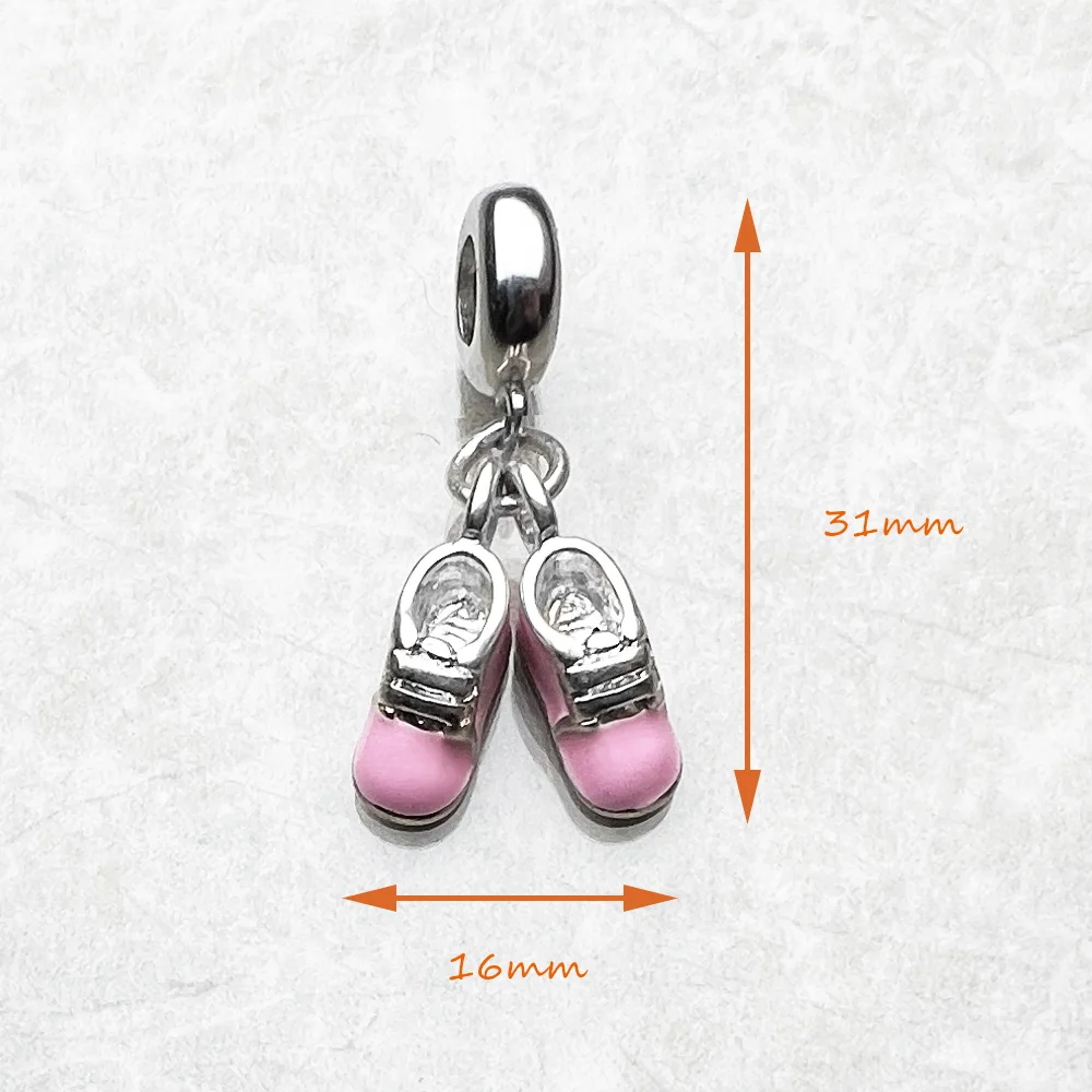 Baby Shoe Dangle 925 Sterling Silver Charm With Pink Color Jewelry For Women