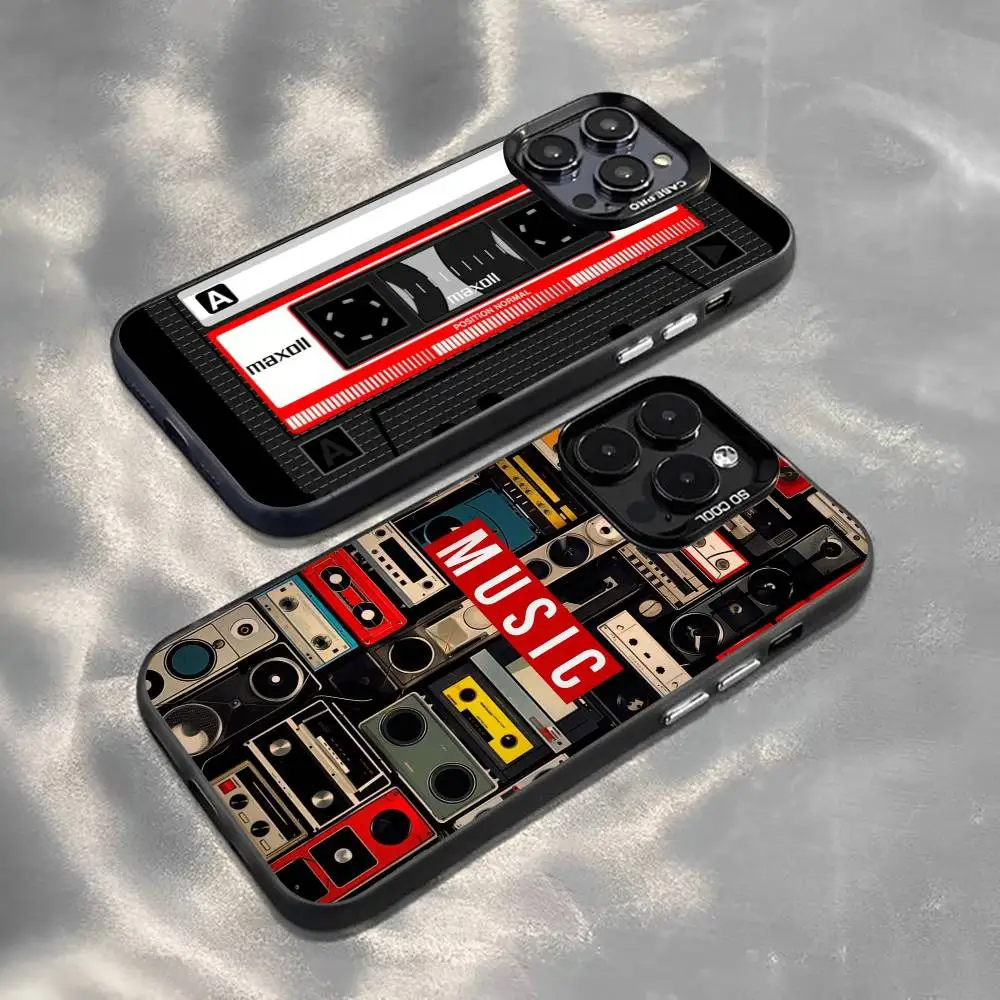 R-Retro Cassette Tape Print Phone Case For iPhone 17,16,15,14,13,12,11 Plus,Pro Max,XS,Colored Silver Plated Inside Cover