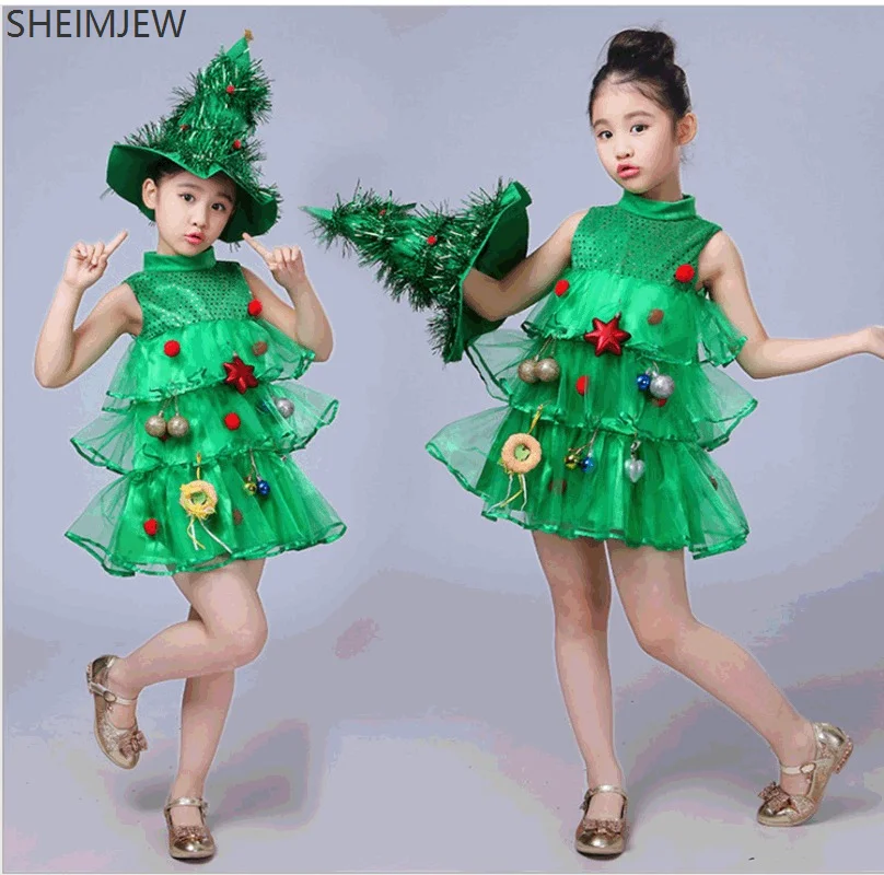 

Cute Girls Children Green Christmas Tree Costume Christmas Funny Role Playing Props Hat Elf Fancy Dress Stage Performance Set