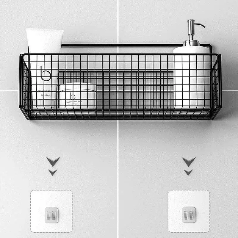 Black Wall-mounted Bathroom Shelf Shower Shampoo Rack Toilet Accessories Kitchen Free Punch Condiment Storage Basket