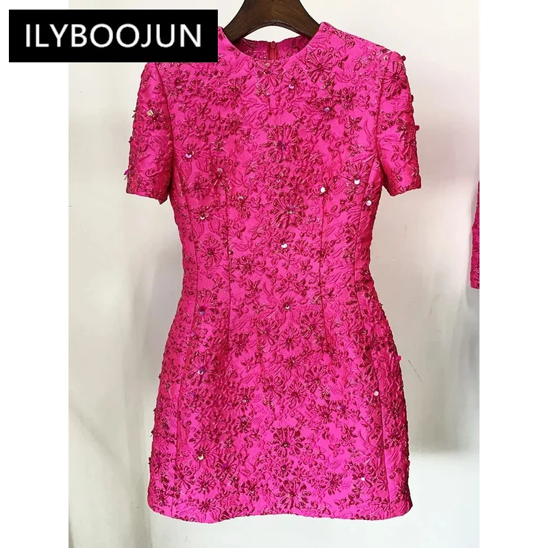 

ILYBOOJUN Newest 2024 Designer Fashion Stylish Dress Women's Beaded Floral Jacquard Trimmed Dress