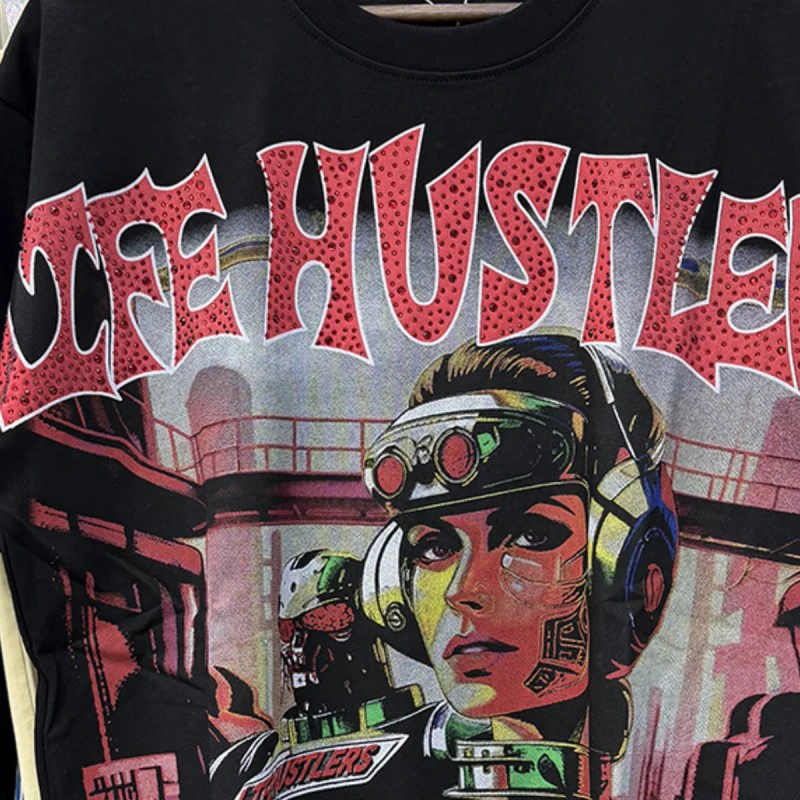 Summer American Street Life Hustlers Tshirts Splashed Ink Oil Painting Astronaut Rhinestone Letter Short Sleeve Men Women Tops