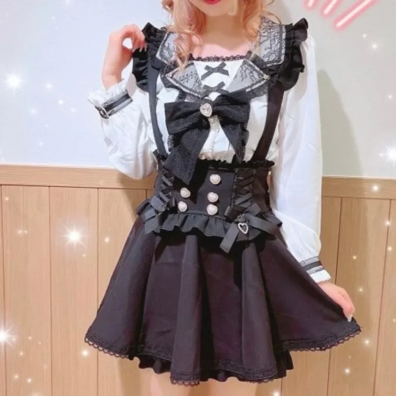 Japanese Style Lolita Ribbon Jupe Bow Diamond Pearl Buckle Removable Short Suspender Skirt Women Sweet Cute A-line Mini Skirt