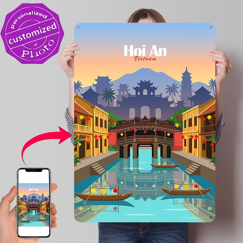 Hoi An Vietnam Bridge and Canal Metal Poster Perfect Gift for Fans Lovers Personalized Wall Art Metal Sign for Home Decor Items