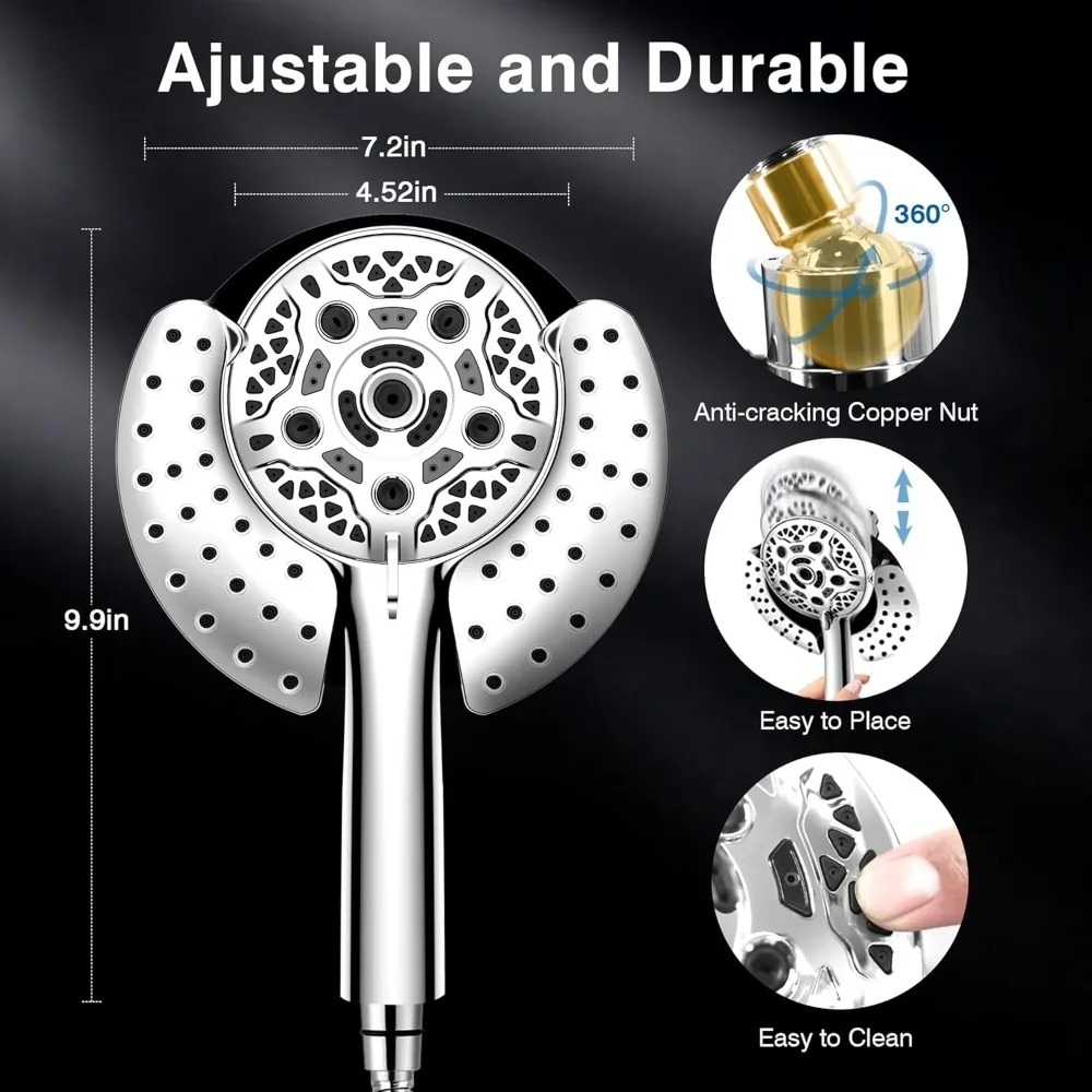 Dual Function Shower Head: High Pressure Handheld and Rainfall Shower with 59 Rotating Spray Settings