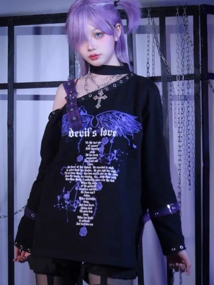 

QWEEK Y2k Gothic Goth Harajuku T Shirt Women 2024 Grunge Punk Graphic Print Off Shoulder Tees Demon Black Long Sleeve Top Autumn