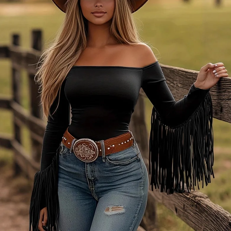 

2026 Spring New Arrival Women's Strapless Off-Shoulder Long-Sleeve T-Shirt Retro Slim-Fit Casual Sexy Street Style Top