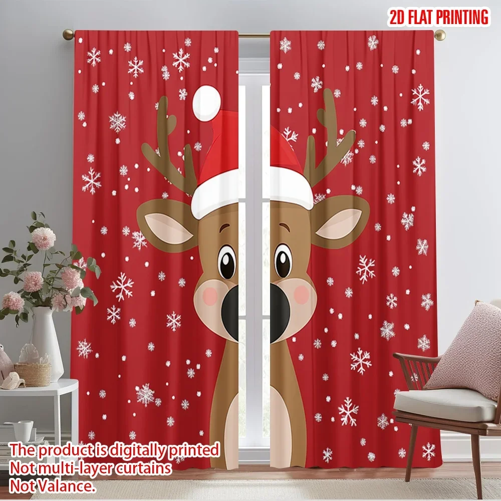 

2pcs,2D plane printing Curtains&Window Treatment Cute Reindeer Christmas Snow (3) Versatile Polyester (without rod) Decorations