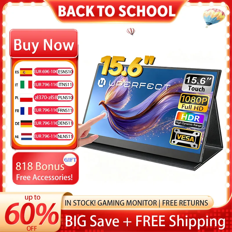 UPERFECT Tragbarer Monitor Touchscreen 15,6" 125% sRGB 1080P IPS 10-Punkt-Touchscreen-Monitor Reise Zweiter Bildschirm VESA & Gehäuse MINI HDMI USB C Ultra-dünn für Laptop-Computer-Spielekonsolen