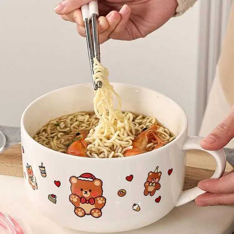 Tazón de cerámica para sopa, tazón de arroz con tapa y asa, apto para microondas, tazón para mantener la frescura, práctico t...