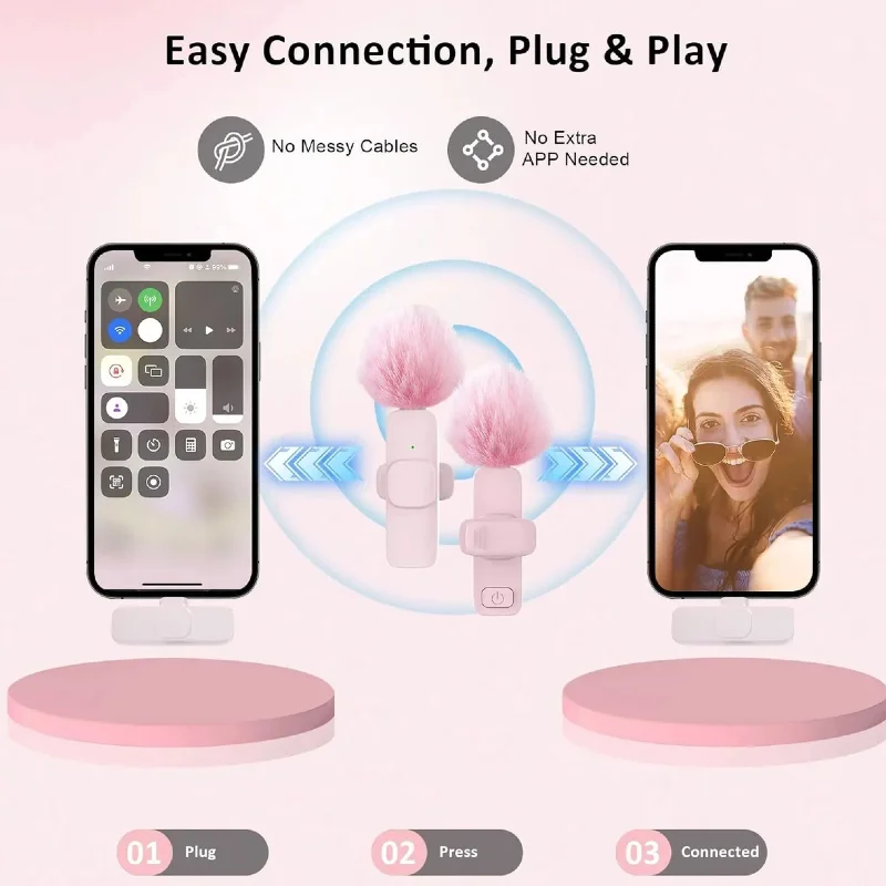 Pink &amp;White K60 Wireless Lavalier Microphone Smartphone,Clip On Lapel Mic Plug-Play Microphone For Video Audio Recording