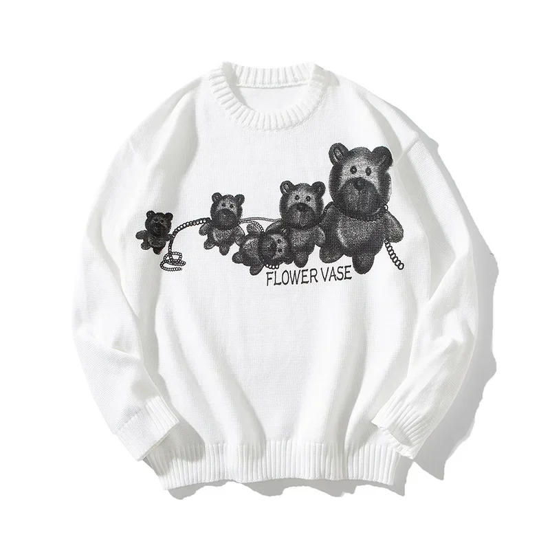 2024 Cartoon Bear Embroidery Knitted Sweater Men Autumn Lazy Style Versatile Sweater Casual Young Men Korean Solid Wool Sweaters