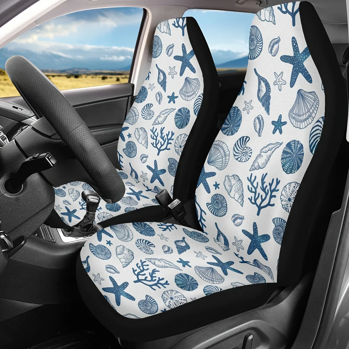 

2pcs Blue Sea Elements Print Car Seat Covers, For Women And For Man, Universal Auto Front Seats Protector Fits For Car, SUV Seda