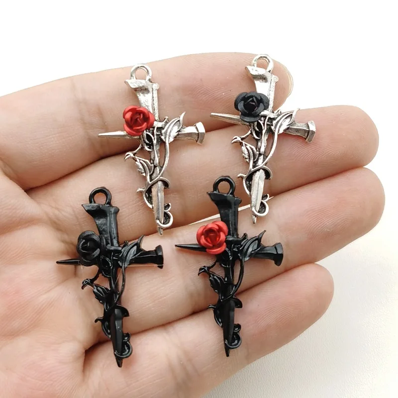 5PCS New Hip Hop Retro Thorn Rose Blossoms Nail Cross Pendant DIY Alloy Jewelry Accessories