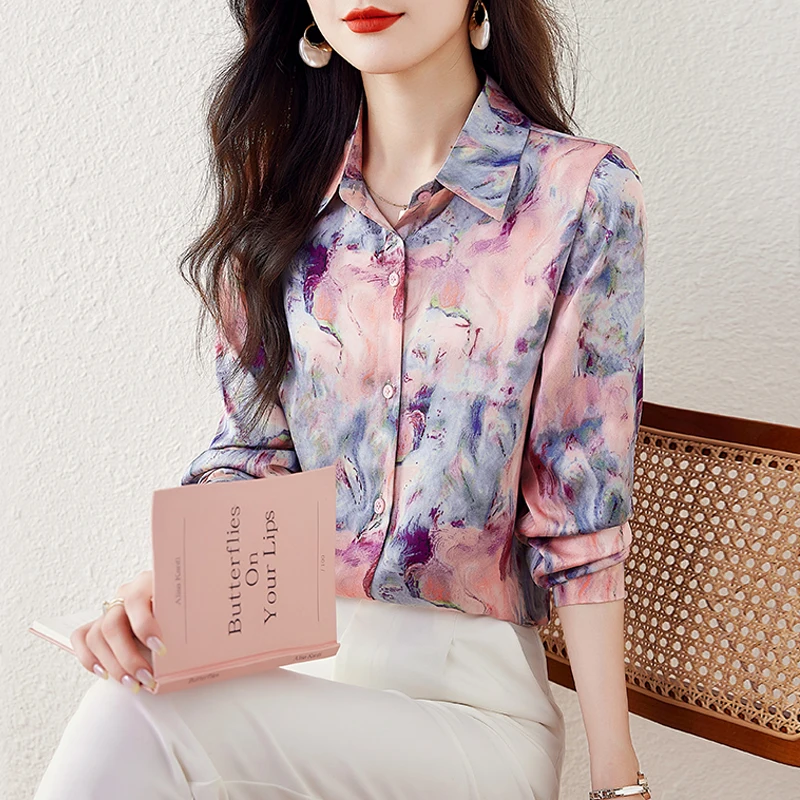Camicie di seta stampate da donna 2025 Primavera Autunno Manica lunga Risvolto Button-up Camicette casual femminili Top da donna da ufficio Camisas