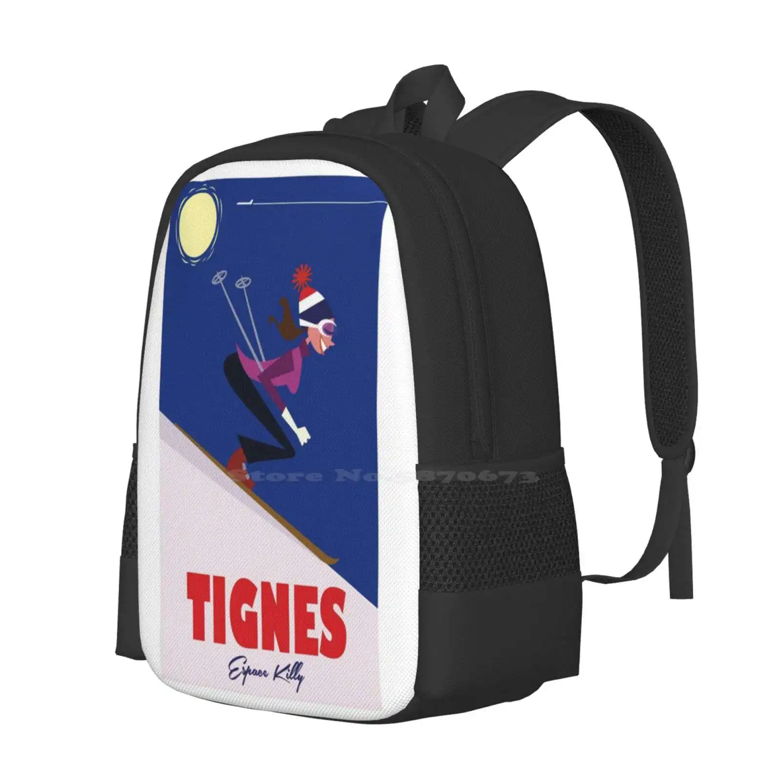 Tignes Poster Hot Sale Schoolbag Backpack Fashion Bags Tignes France Skiing Espace Killy Skier Female Downhill Slope Alps Alpes