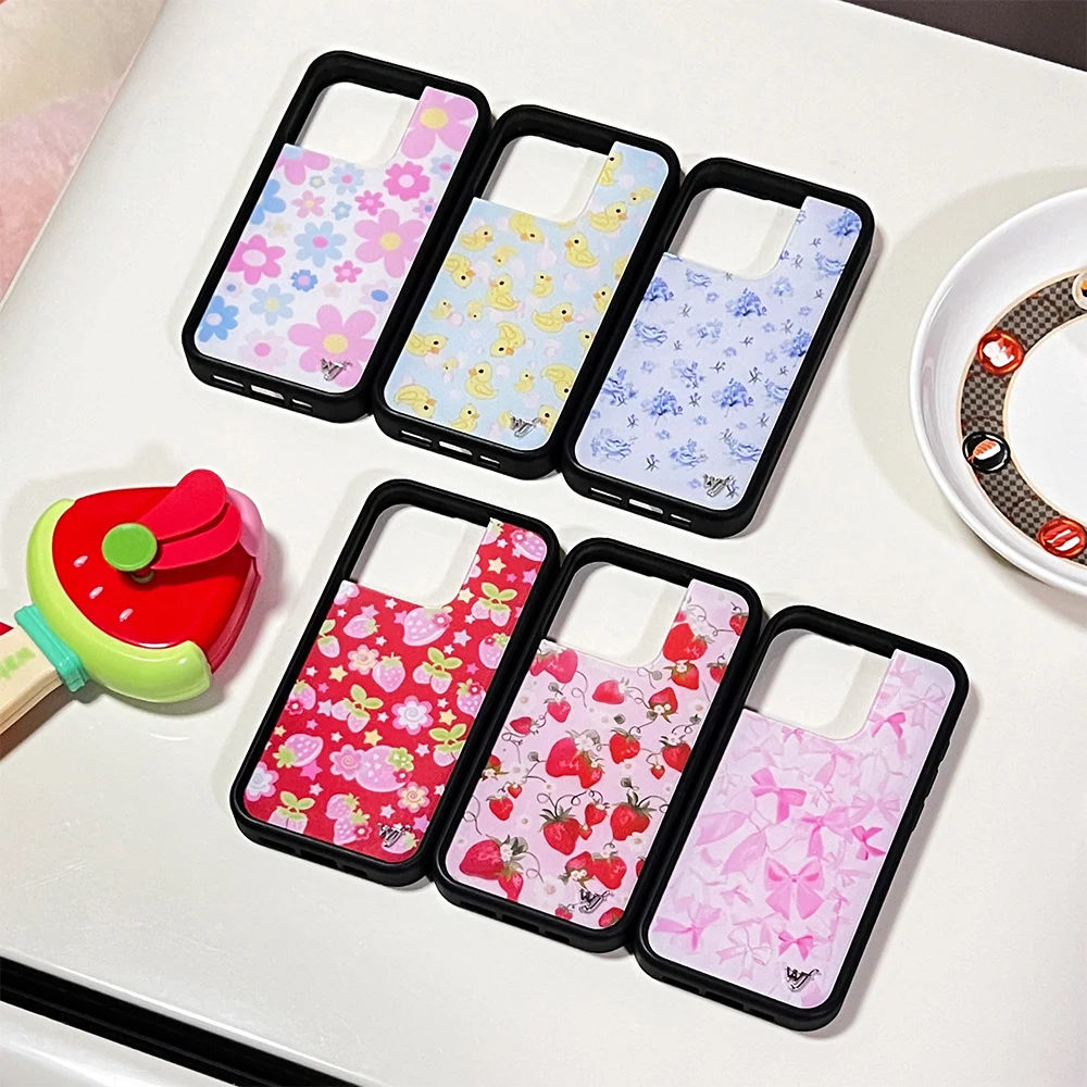 Wildflower 3D Girls bow flower strawberry pattern Phone Case for iPhone 16 15 14 13 12 Pro Max Plus 16pro 15pro hard back Cover