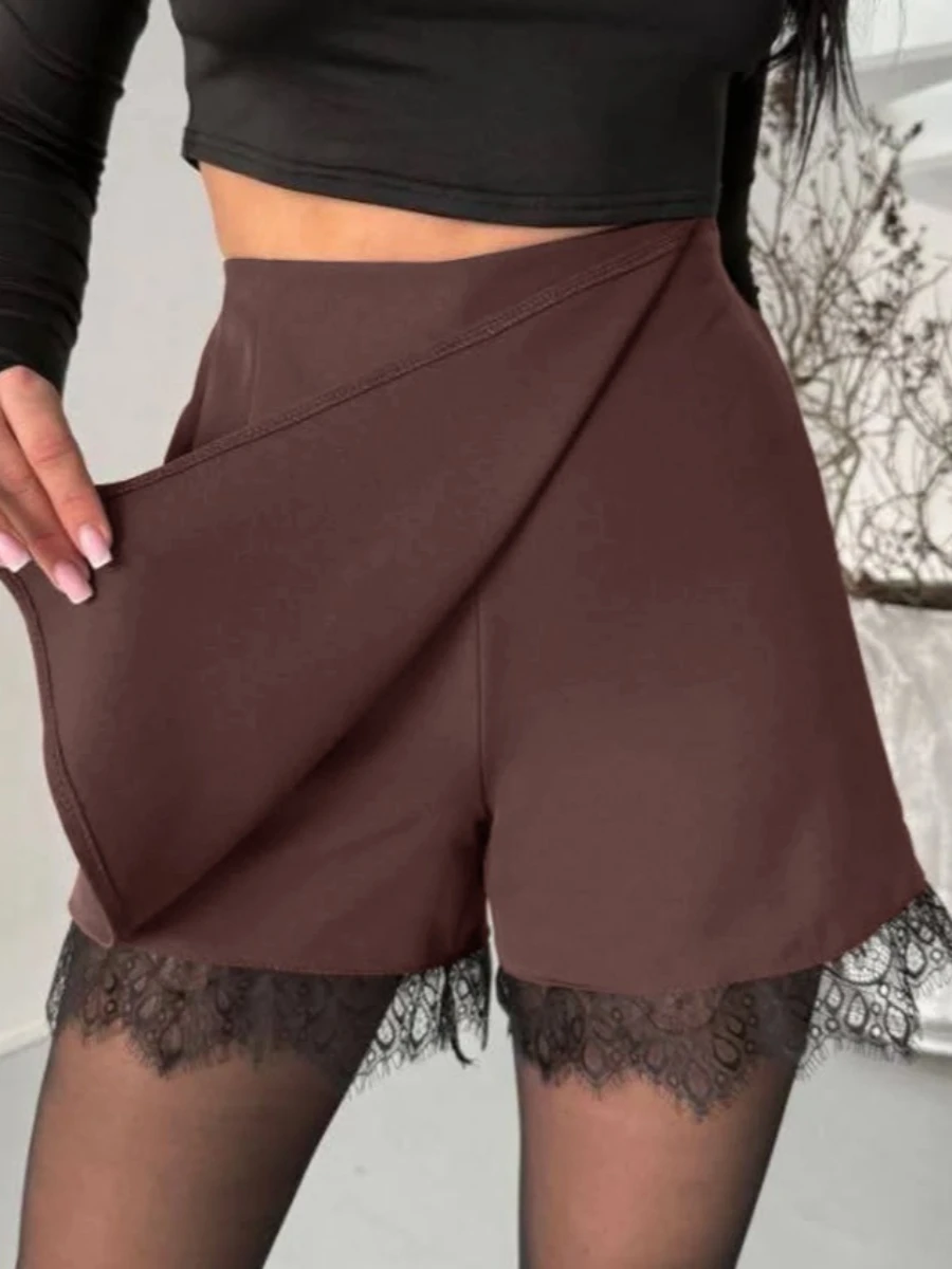Foamlina Falda-Pantalón de Cintura Alta para Mujer, Combinación de Falda y Pantalones Cortos, con Ribete de Encaje Negro, Cierre Trasero con Cremallera, Estilo Slim, Mini Falda-Pantalón para Calle