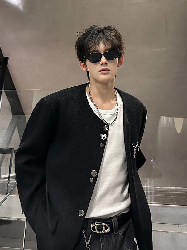 

Tangz Studio Heavyweight Handwoven Metal Button Design oulder Padded Small Fraance Sle Men's Jaet Trendy Youth Polyes...