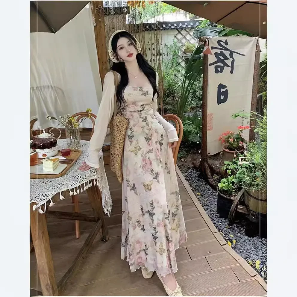 2024 New Tan Genxia Pure Desire Aesthetic Floral Printed Waist-fitted Tank Dress Long Dress For Women Summer Butterfly Pattern